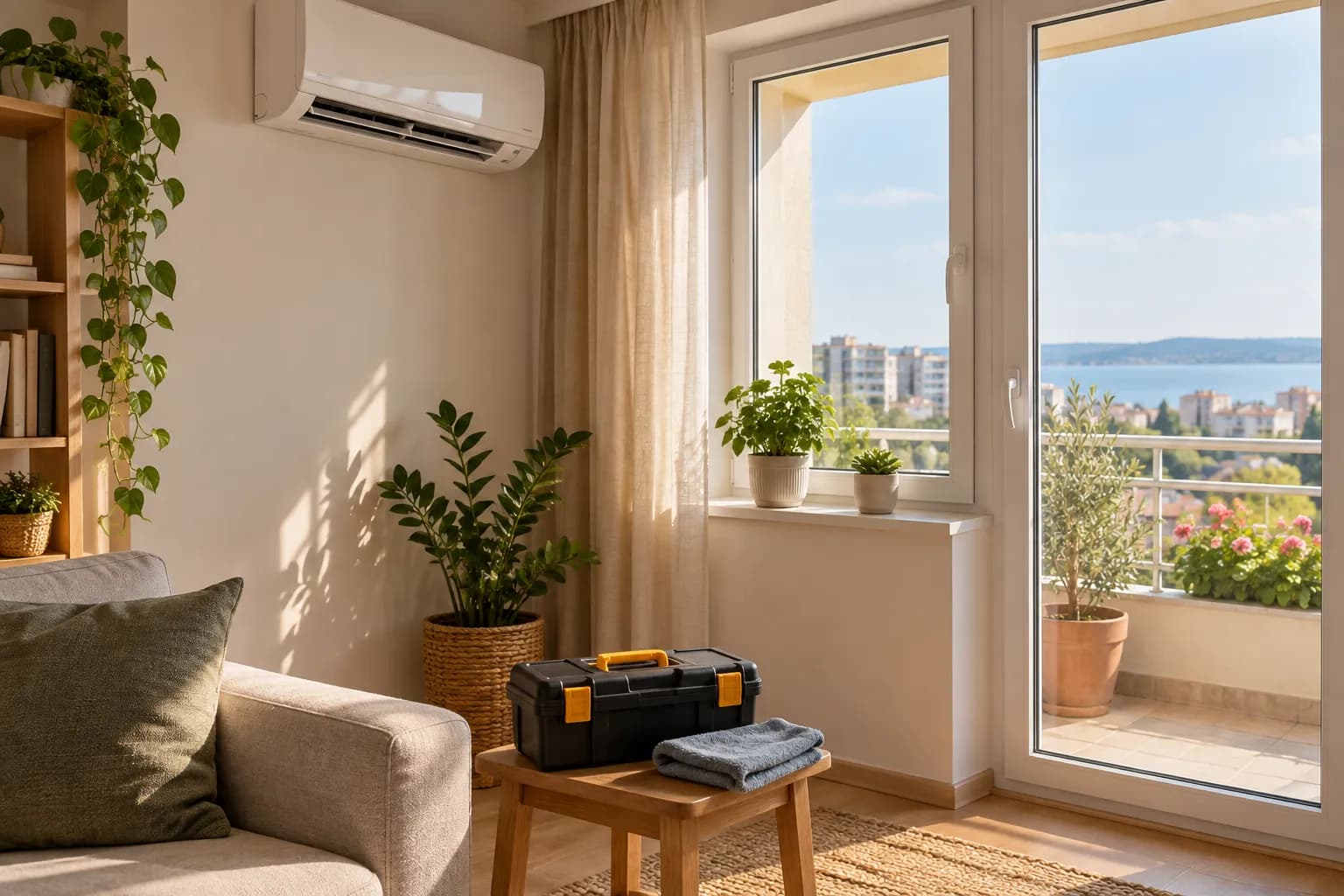 Air conditioner, window, balcony plants and a toolbox for home maintenance